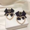 Gold Plated Korean Style Black Bow Faux Pearl Heart Decor Earrings