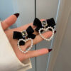 Gold Plated Korean Style Black Bow Faux Pearl Heart Decor Earrings