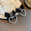 Gold Plated Korean Style Black Bow Faux Pearl Heart Decor Earrings