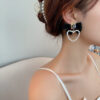 Gold Plated Korean Style Black Bow Faux Pearl Heart Decor Earrings