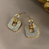 Gold Plated Korean Style White Stone Decor Square Shape Earrings