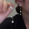 Gold Plated Korean Style Stone Decor Heart With Drope Pearl Earrings